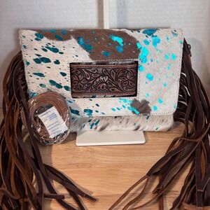 American Darling Women's Clutch Purse Hand Tooled Hair-On Genuine Leather New